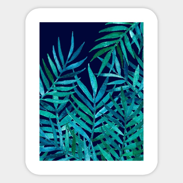 Watercolor Palm Leaves on Navy Sticker by micklyn